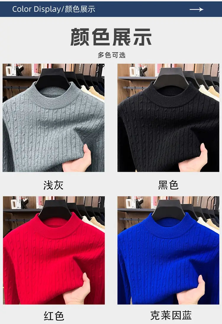 Ein Herren-Zopfstrick-Pullover mit Rundhalsausschnitt aus geripptem Strickmaterial, erhältlich in Grau, Schwarz, Rot und Königsblau.