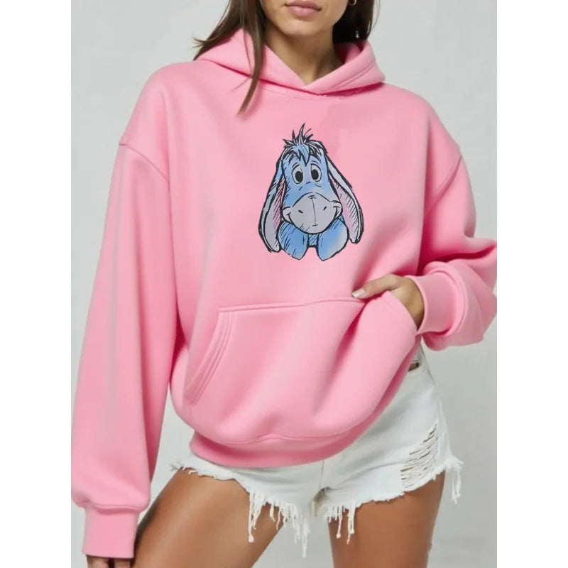 Cartoon Women Hoodies Winnie The Pooh And Honey Eeyore Hoodies Tops Long Sleeve Pockets Fashion Hooded Winter Sweatshirts