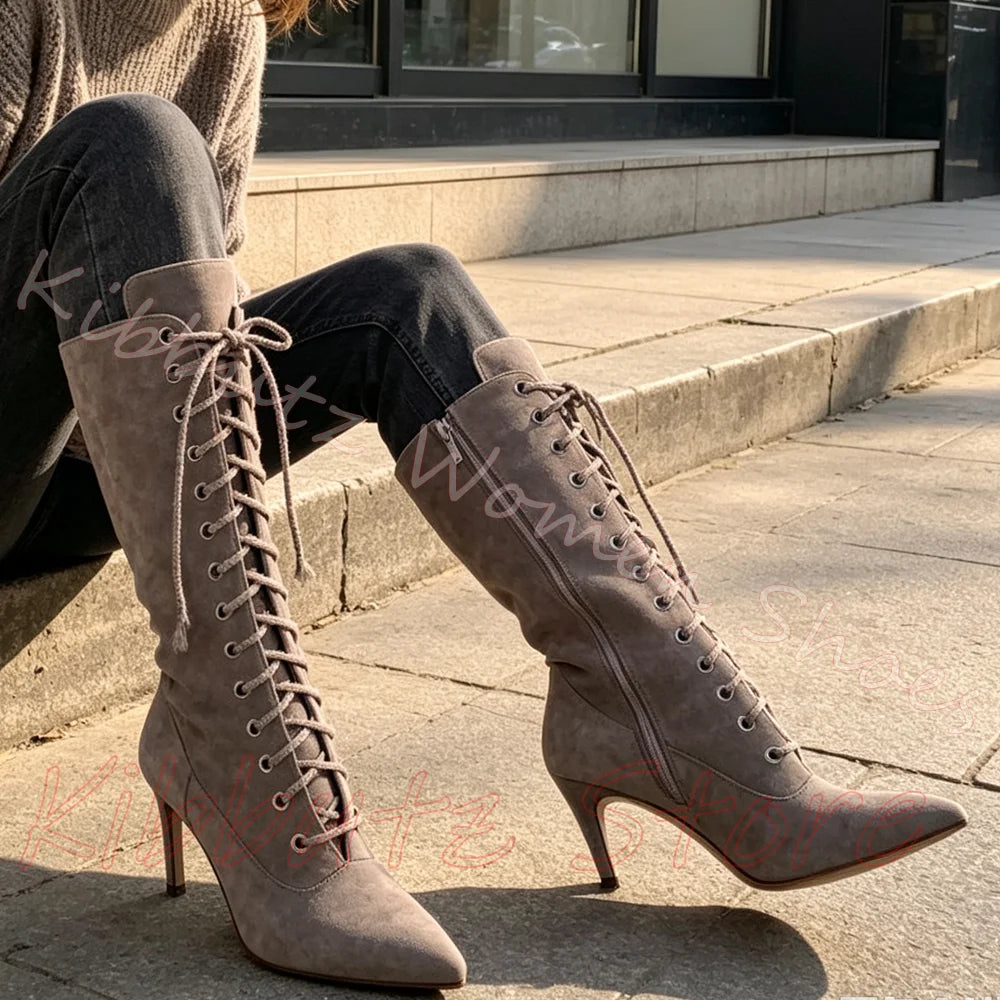 Suede Leather Ankle Boots Pointed Toe Stiletto Front Lace Up Side Zipper Solid Color Women Footwear Fashion Elegant Luxury New