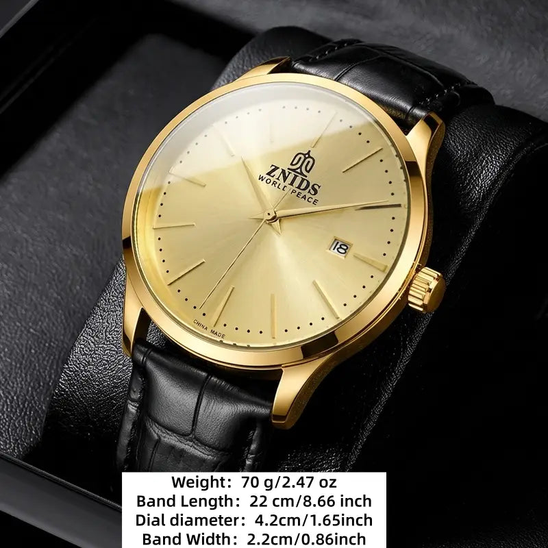 Gold-tone znids world peace automatic skeleton mechanical watch with a black leather strap and a gold-toned dial featuring minimalist hour markers.
