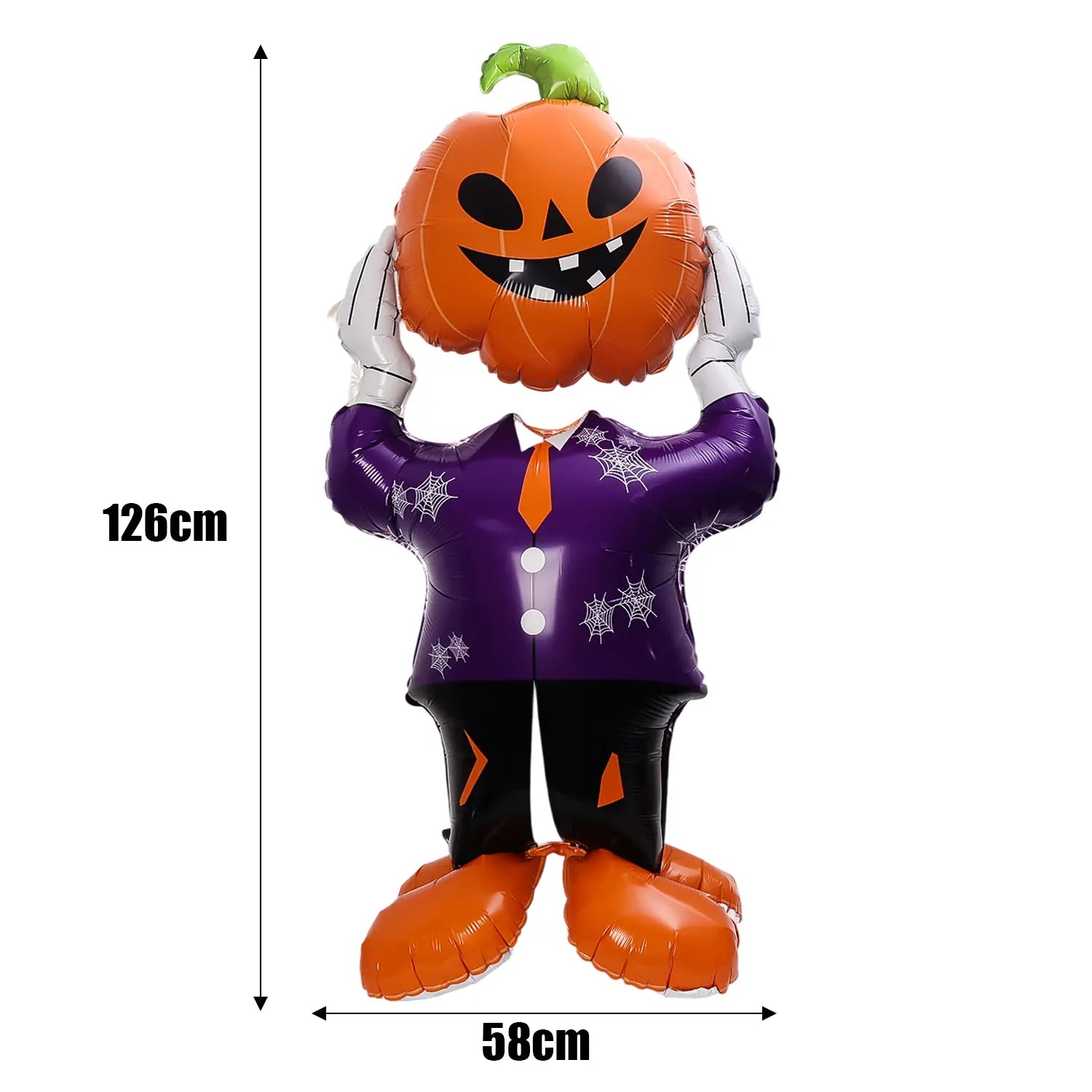 高さ126cmの巨大ハロウィーン用スタンディング・ホイル風船のパーティー装飾。紫のスーツに白いクモの巣模様をあしらった膨張式の人物像。黒いズボン、オレンジの靴、ネクタイを着用し、緑の茎の付いた特大のオレンジのパンプキン頭部を手に持っています。