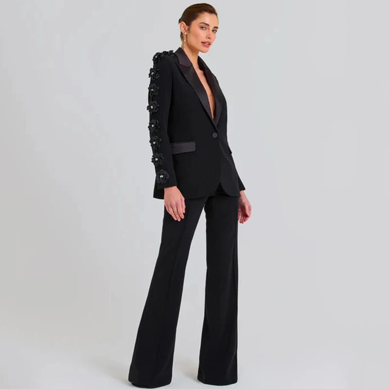 New Autumn Formal Suit Set Female Clothes ,Slim Fit Floral 3D Flower Collar , Womens Sets Two Piece Pants Suit