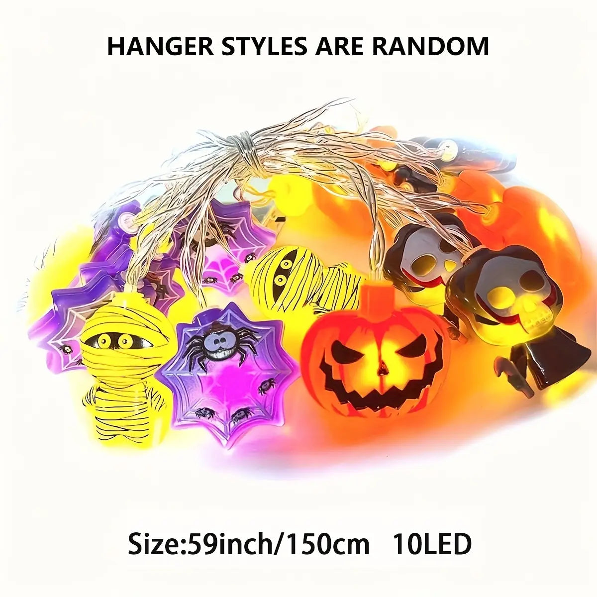 A string of 10 led halloween lights featuring colorful illuminated figures of jack o lanterns mummies spiders and skulls in vibrant purple yellow orange and black plastic pumpkin ghost decor.