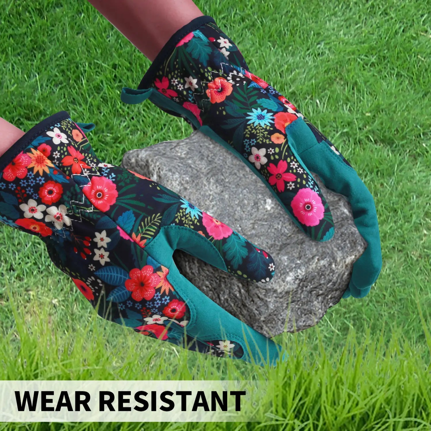 Gants de jardinage floraux pour femmes en tissu respirant anti-épines, présentant des motifs floraux vibrants rouge, rose et bleu sur une base sombre, avec des paumes renforcées en turquoise.