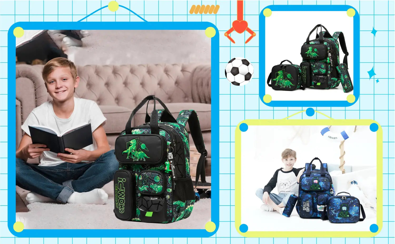Ensemble de sac à dos pour garçons de football avec sac à goûter, présentant un design noir et vert sur le thème des dinosaures avec plusieurs compartiments pour un rangement organisé.