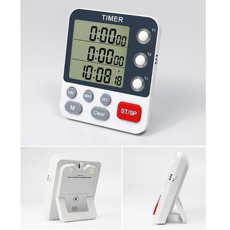 Weißer digitaler Küchen-Timer mit drei Kanälen und schwarzer Anzeigeeinheit, der drei separate Zeitzonen anzeigt, die mit T1, T2 und T3 beschriftet sind; mit Tasten für hr, min, sec, m, clear und st/sp sowie einer lauten Alarmfunktion.