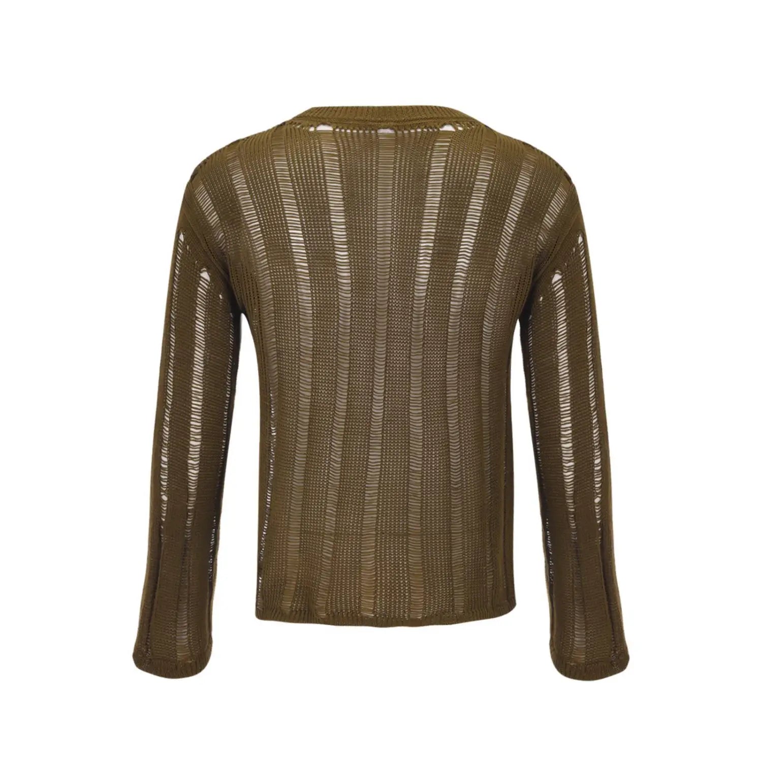 Herren-Braun mit durchscheinendem Strick, Longsleeve-Top, mit einem olivgrünen Rippstrickpullover mit strukturierter, halbtransparenter Musterung