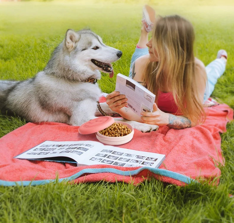 2-in-1 Portable Pet Travel Bowl with Treat Storage, Outdoor Dog Food Water Dish for Hiking Camping Walking