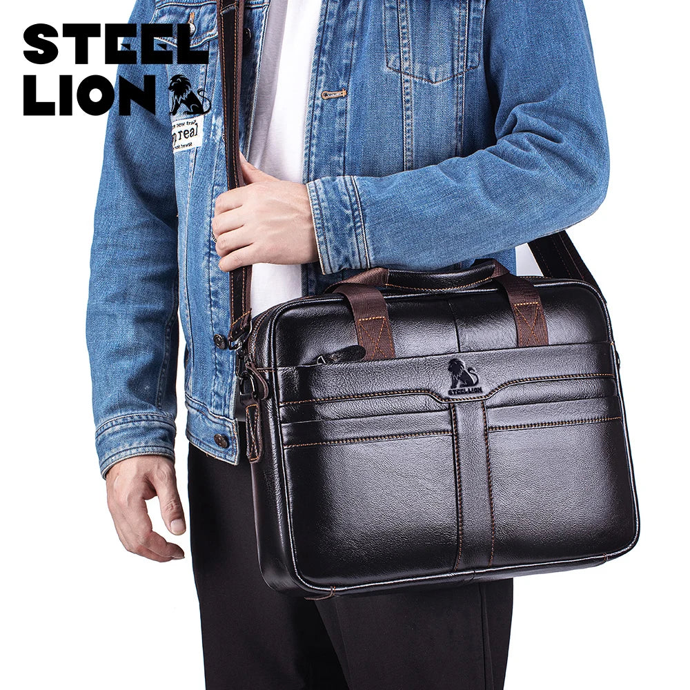 Leather Men's Briefcase, Large Capacity Business Office Bag, Cowhide Computer Bag, Can Be Carried by Hand or Shoulder