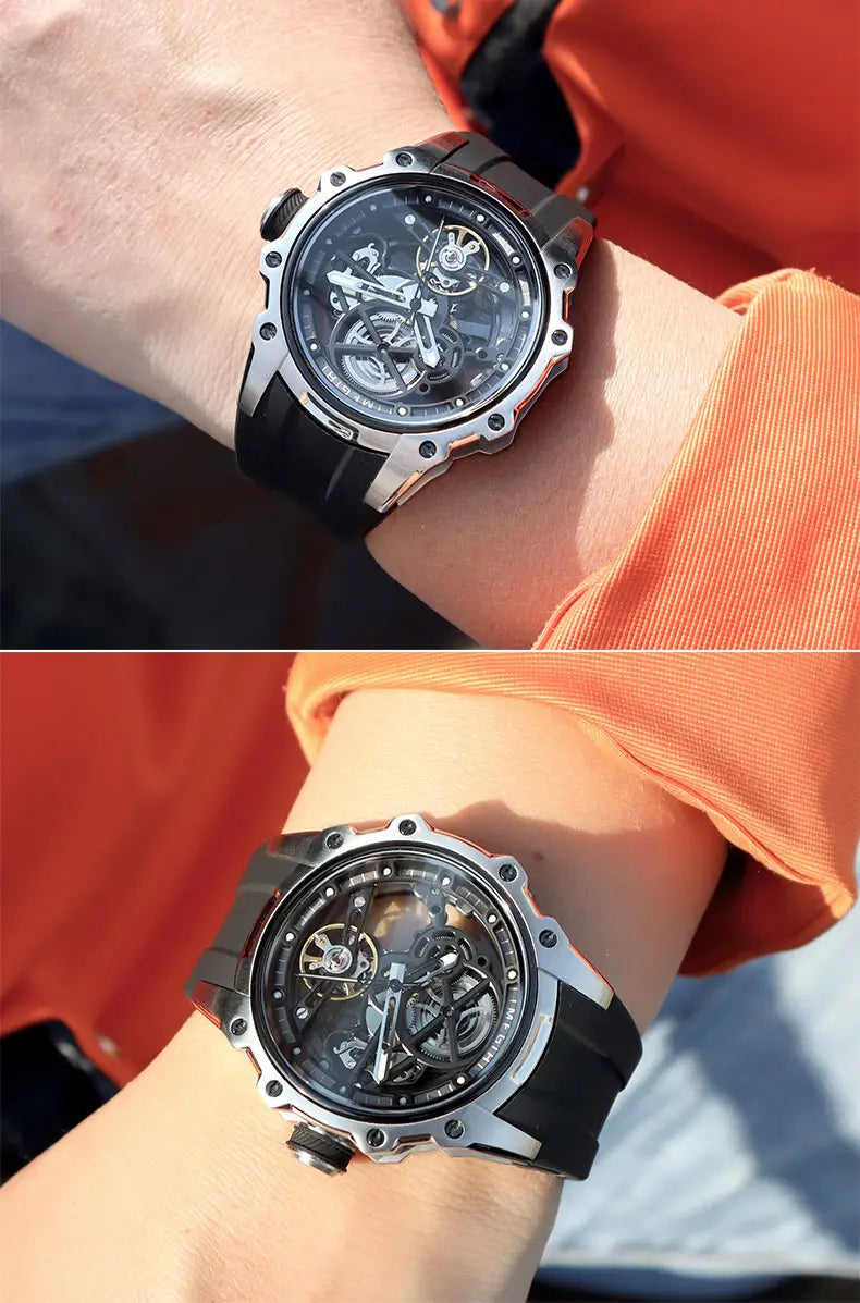 Megir automatic skeleton watch with a sleek black dial, exposed silver-toned mechanical gears, and a matte black rubber strap.
