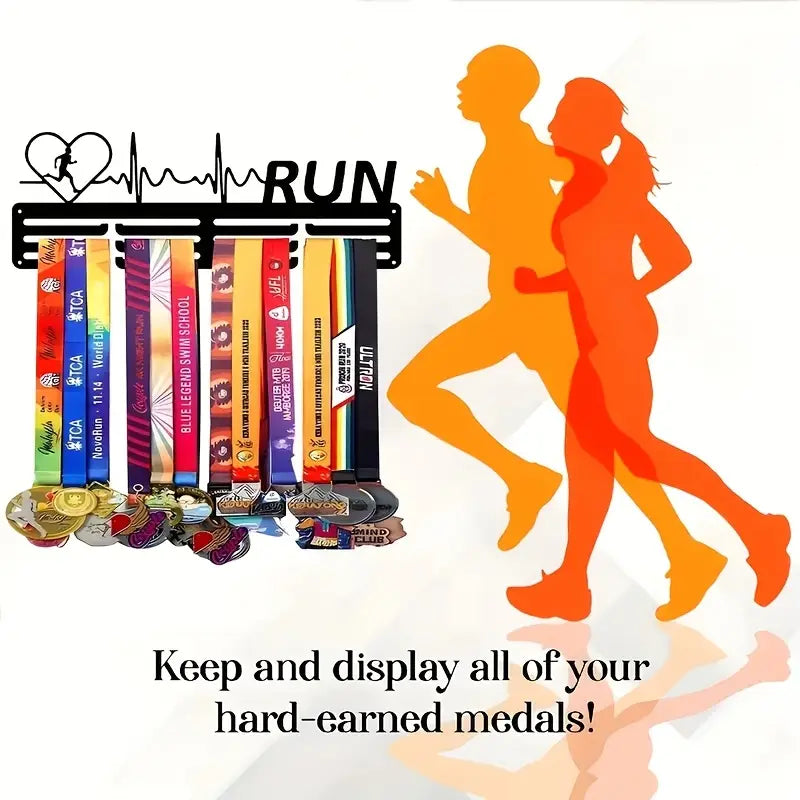 Black metal running medal display rack featuring a heart and running silhouette design for marathon medals.