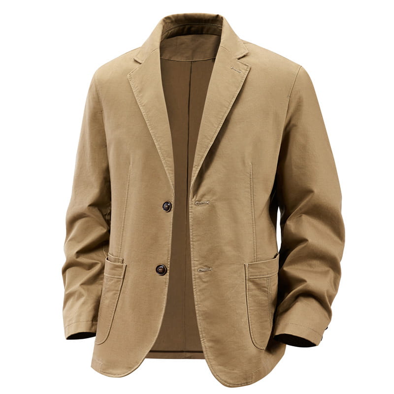 Beige cotton blazer with dark brown buttons and two front flap pockets designed as a men brown cotton casual blazer slim fit suit jacket.