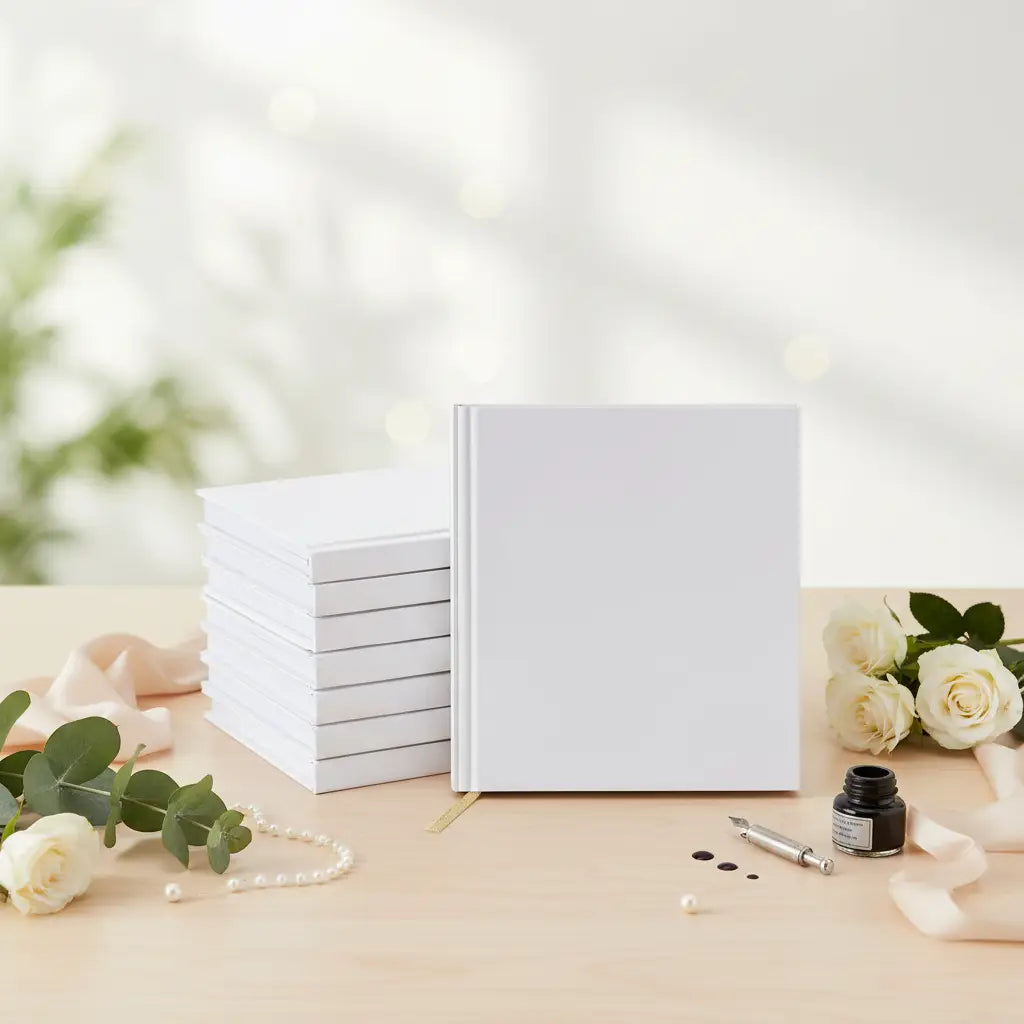 Un lot de livres d'invités de mariage à couverture rigide blanche au style minimaliste, pages blanches et design discret du dos, convenant aux albums-souvenirs.