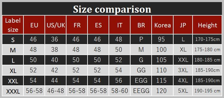 Tabla de comparación de tallas para hombre, chaqueta tipo bomber USA, estilo varsity con gráfico de letras, abrigo casual que muestra medidas en sistemas de tallas internacionales y rangos de altura correspondientes.