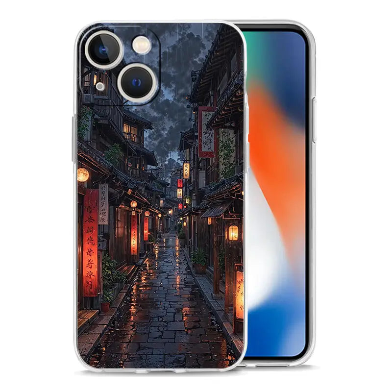 Transparent phone case for iPhone featuring a detailed print of a dimly lit cobblestone alleyway with traditional wooden buildings and glowing red lanterns on the back side.