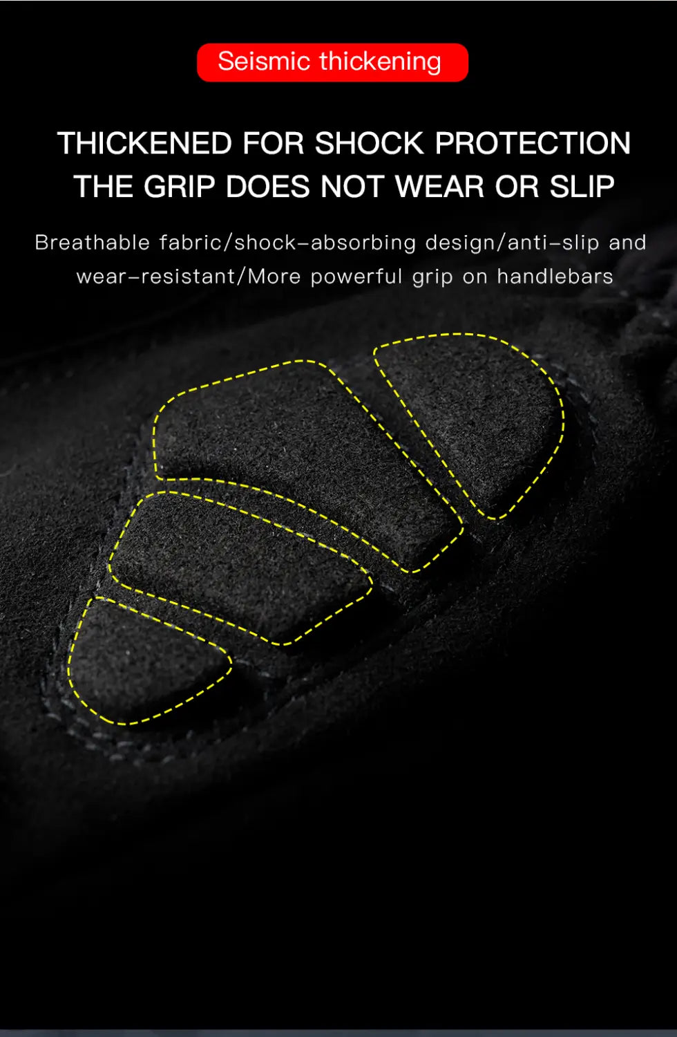 Almohadilla de agarre negra con costuras amarillas y engrosamiento sísmico para protección contra impactos en el reverso de los guantes de ciclismo de invierno impermeables para hombre, diseñada para la conducción en clima frío.