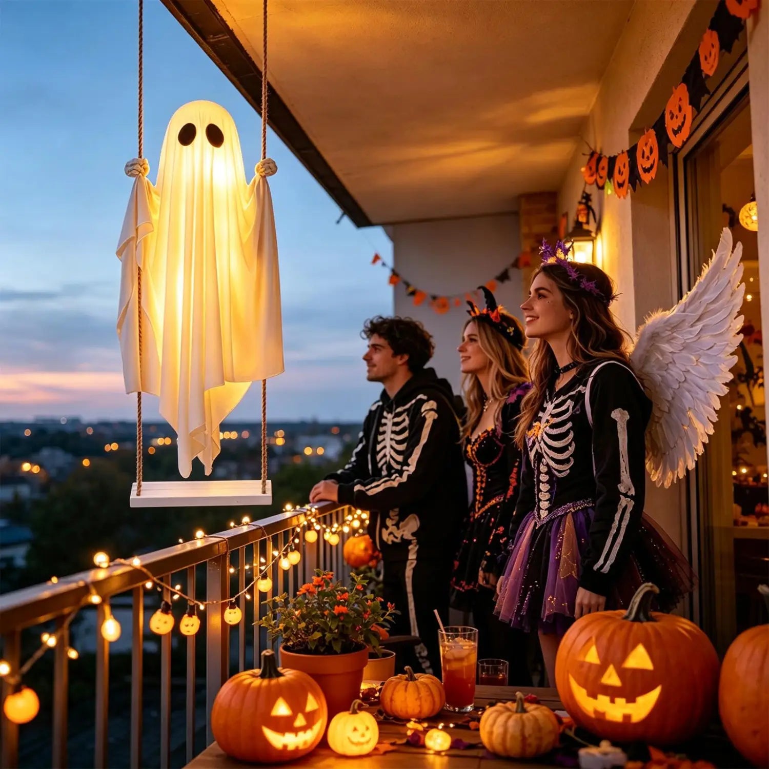 decoración de fantasma colgante oscilante iluminada con un fantasma blanco luminoso suspendido de cuerdas en un balcón para decoración exterior de Halloween.