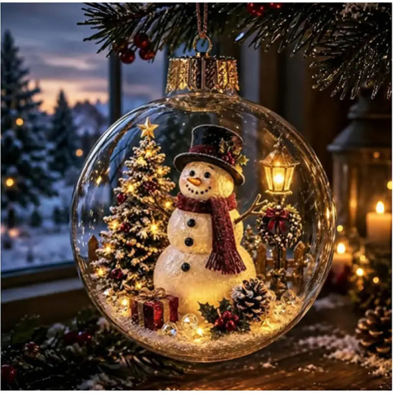 Une boule d’ornement de Noël en verre illuminée, comprenant un bonhomme de neige détaillé portant un haut-de-forme et une écharpe, entouré de petites lumières, d’un sapin décoré, d’une lanterne, de pommes de pin, de houx et de cadeaux enveloppés.