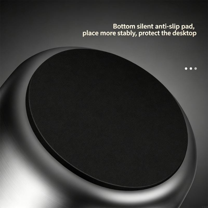 black circular silent anti slip pad with a sleek metallic rim for stainless steel pot lid and spoon holder stand providing stable desktop placement