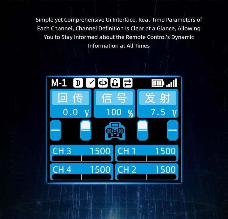 blue digital display screen on the ht-8a 8 channel remote control transmitter kit showing remote control channel parameters and status indicators