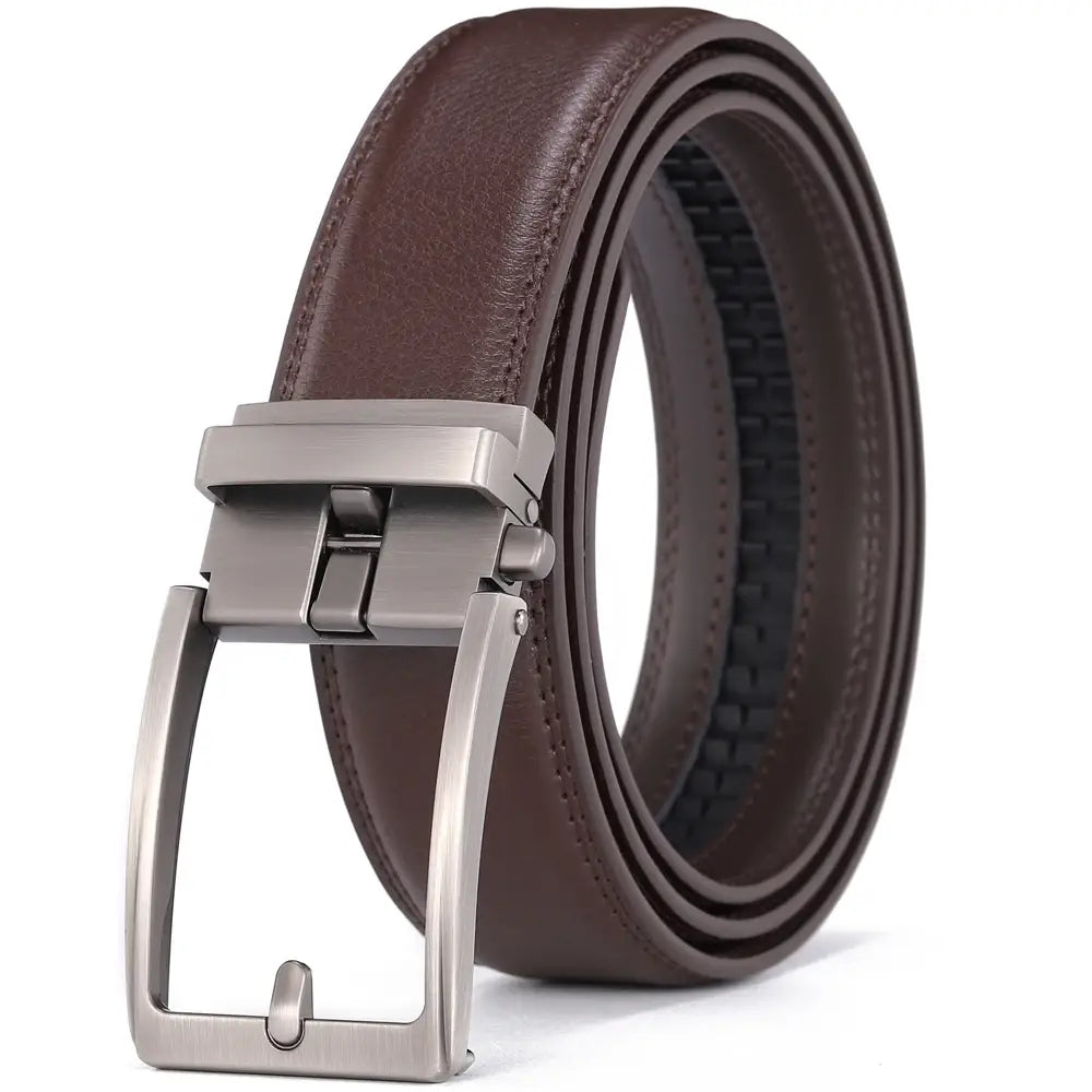 Brown leather mens belt featuring a sleek silver-toned automatic buckle.