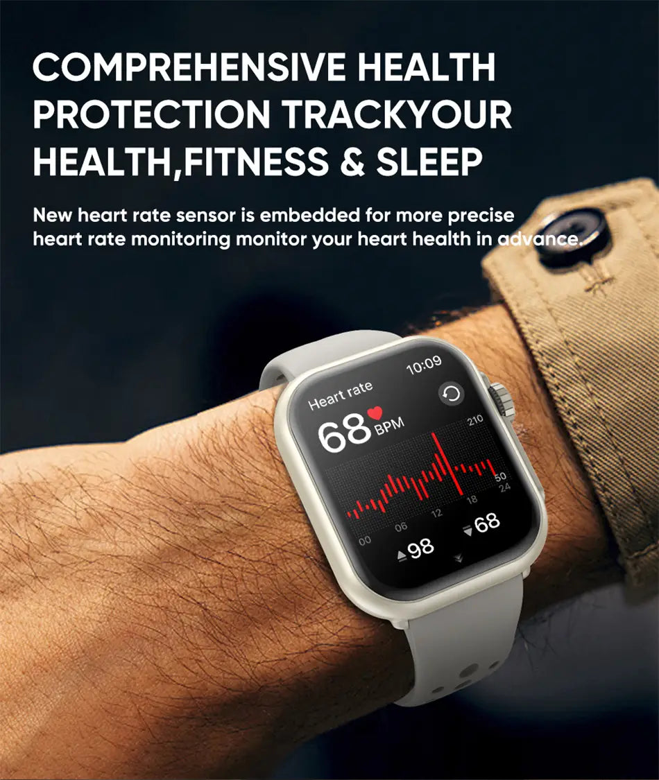 Weißer AMOLED-Bluetooth-Smartwatch-Fitness-Tracker mit schlankem rechteckigem Display, das Herzfrequenzdaten zeigt, am Handgelenk getragen, mit IP68-Wasserbeständigkeit.