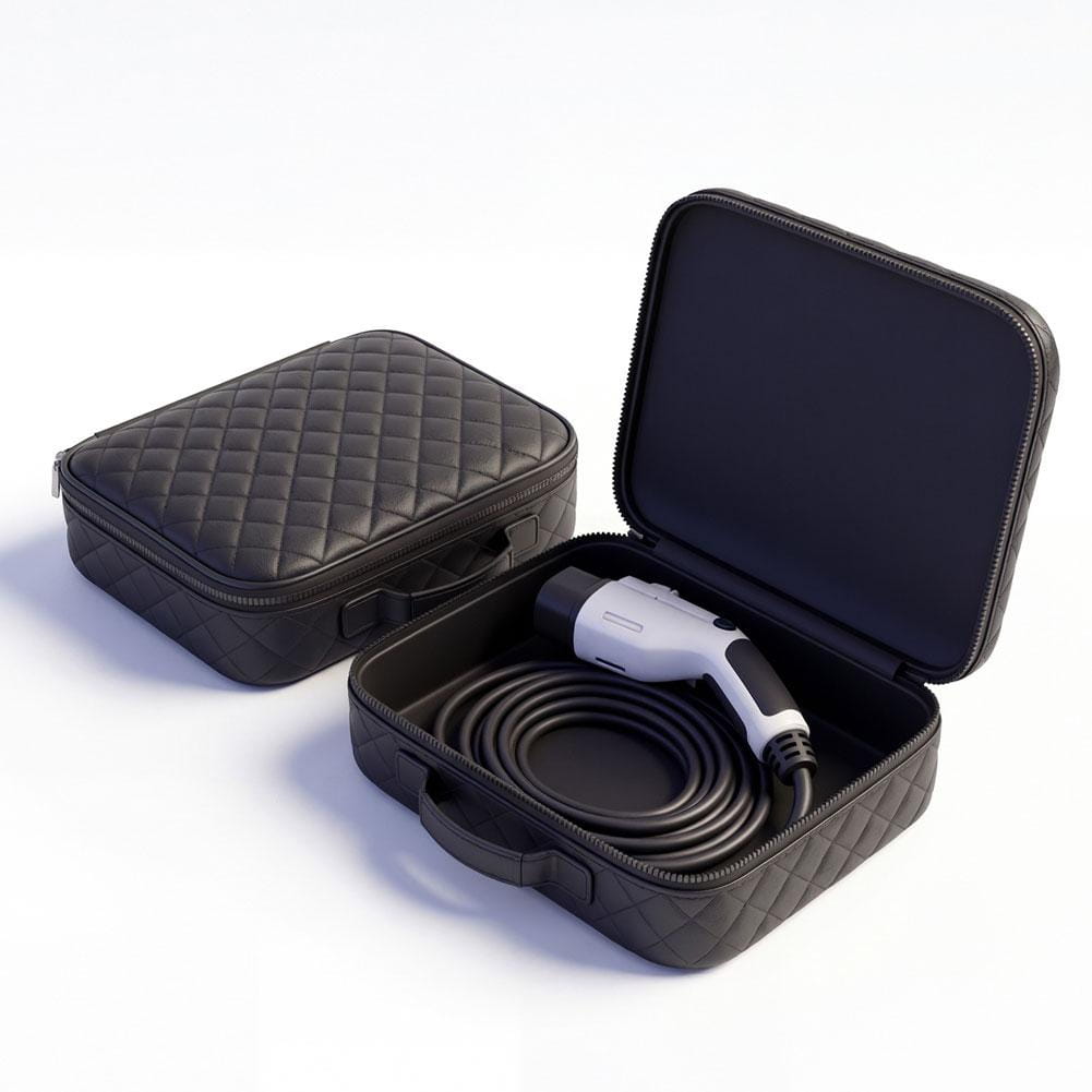 Bolsa de almacenamiento de cables de carga para vehículos eléctricos, de cuero acolchado negro, que contiene un cable de carga para vehículos eléctricos blanco y negro para la organización y protección del automóvil