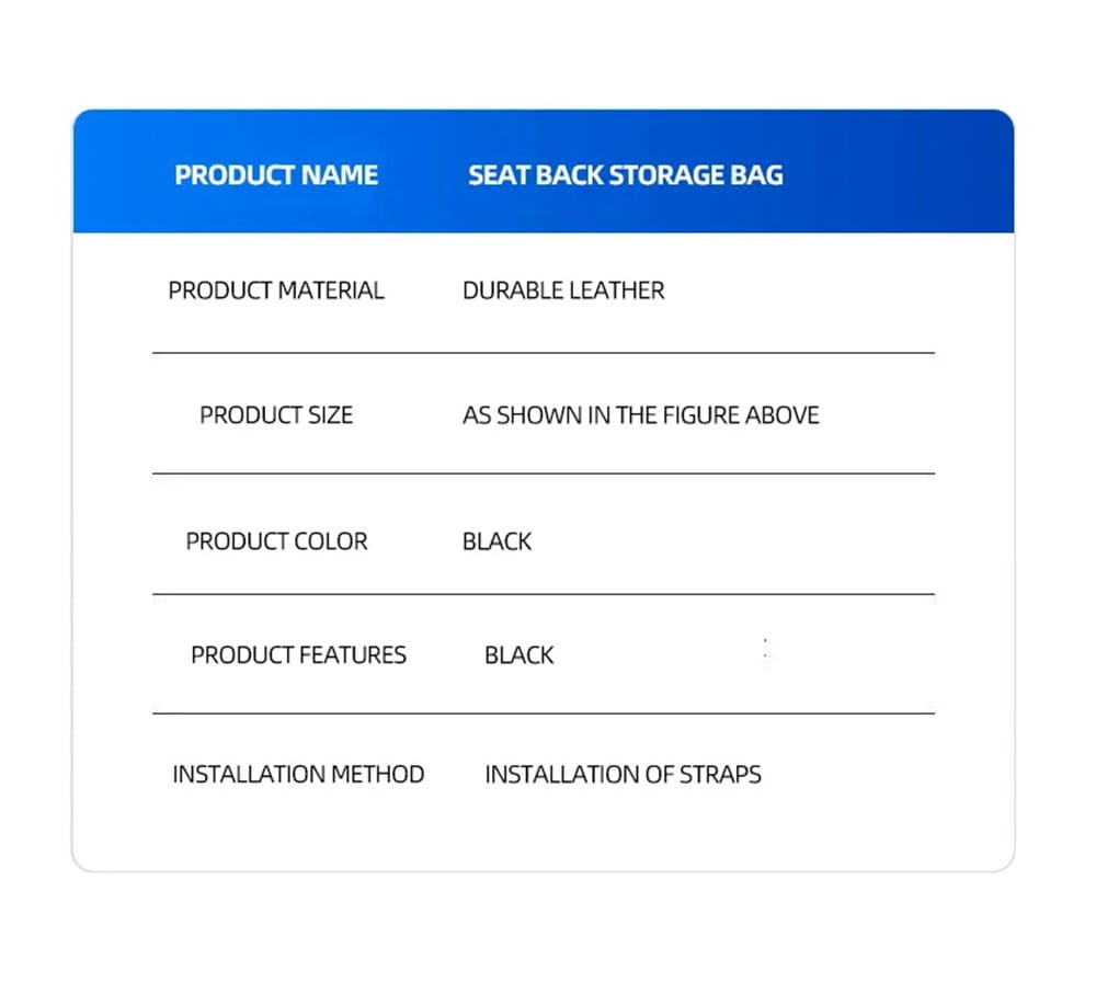 Black durable leather quilted car seat organizer storage bag shown from the back side for vehicle storage and organization.