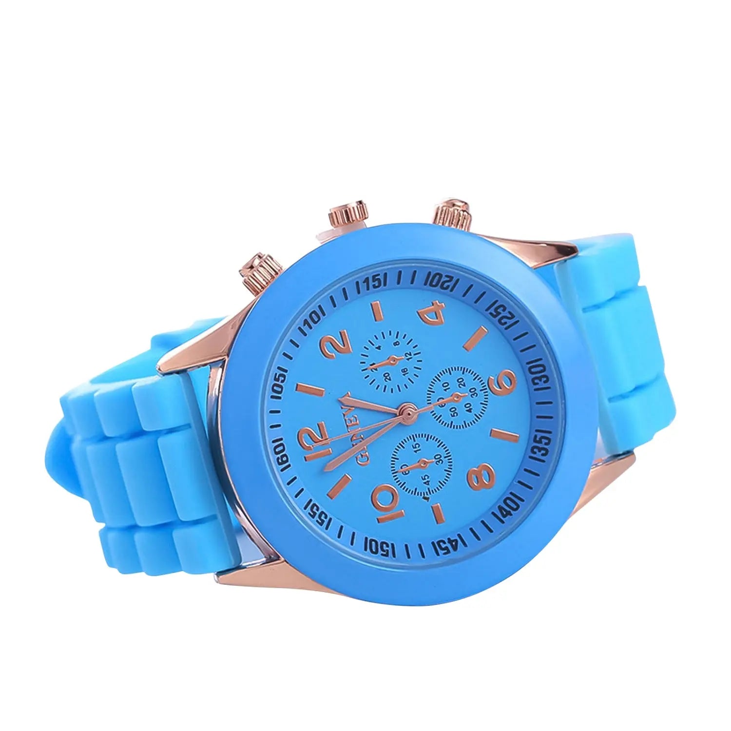 Women silicone quartz watch with bright blue silicone strap and rose gold tone chronograph case and subdials.