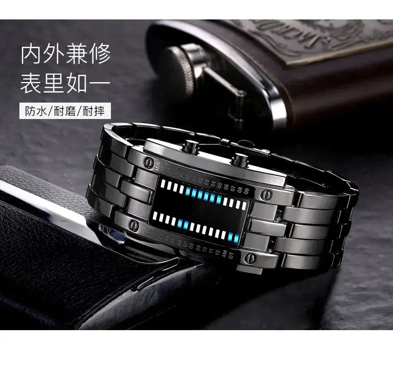 Black digital men watch with sleek metallic stainless steel bracelet and glowing blue led display showcasing binary time.