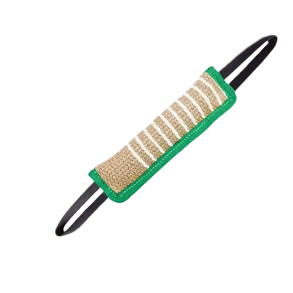 Jouet à mâcher durable en jute pour chien avec une bordure verte et des poignées noires, présenté de face.