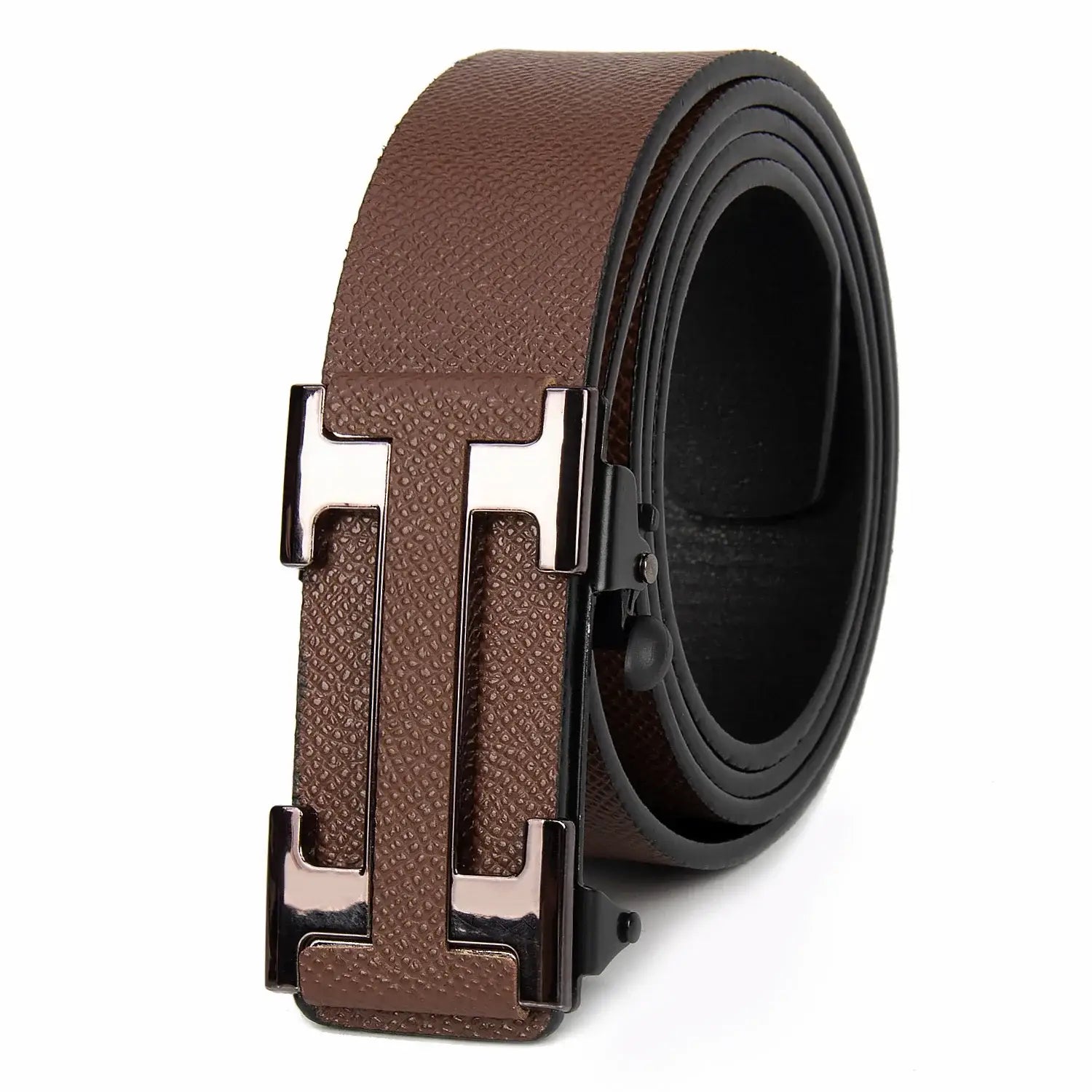 Ceinture d’affaires en cuir pour homme en cuir texturé marron, avec une boucle en forme de H au fini argenté et élégant.