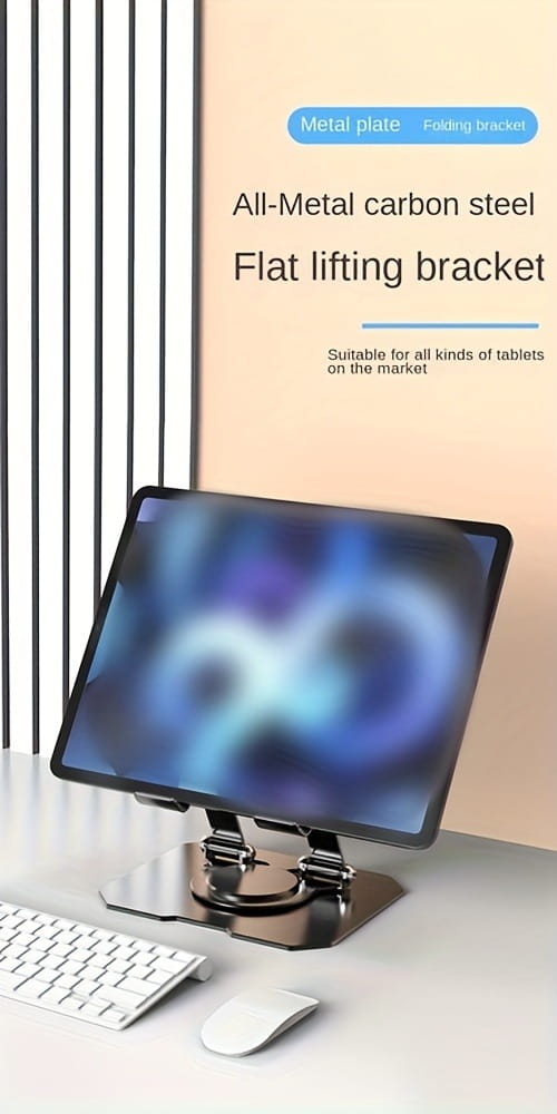 Support de levage plat en acier au carbone noir tout métal, au design moderne épuré, pour support de tablette réglable avec rotation à 360°.