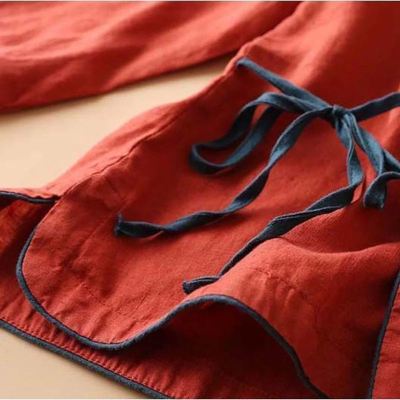 Women Ethnic Style Linen Cotton Blouse Summer Embroidered Wrap Top 3/4 Sleeve Tie Waist Loose Breathable Retro Casual Daily Wear