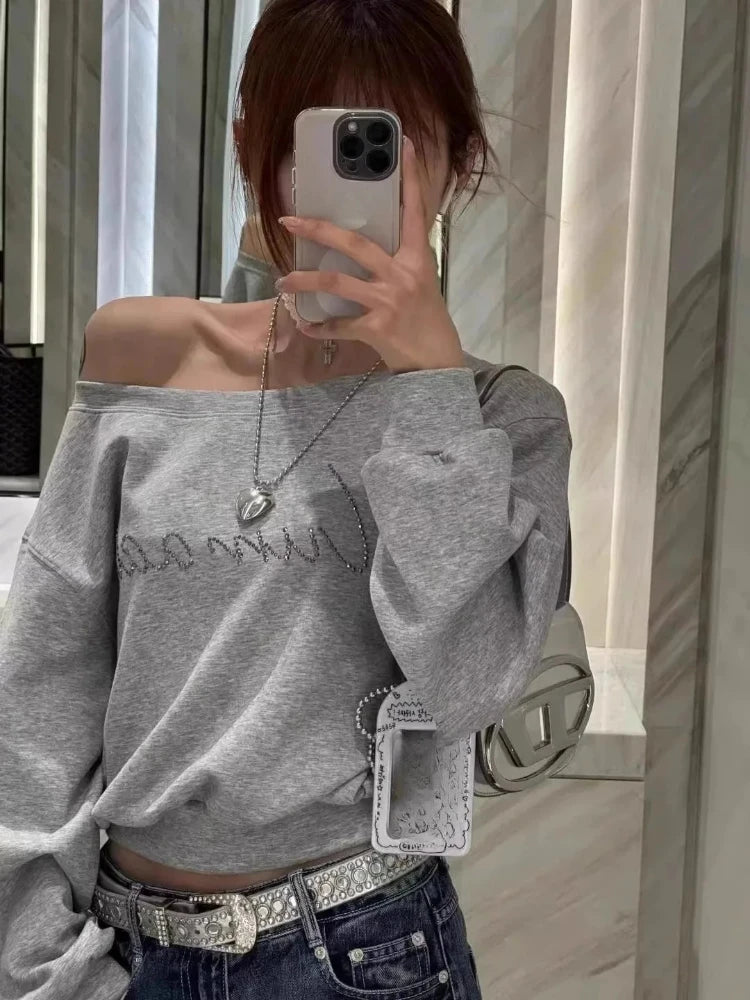 Women Hoodies Autumn Streetwear Off Shoulder Seductive Cropped All-match Sweatshirts Baggy Fashion Print Design Aesthetic Casual