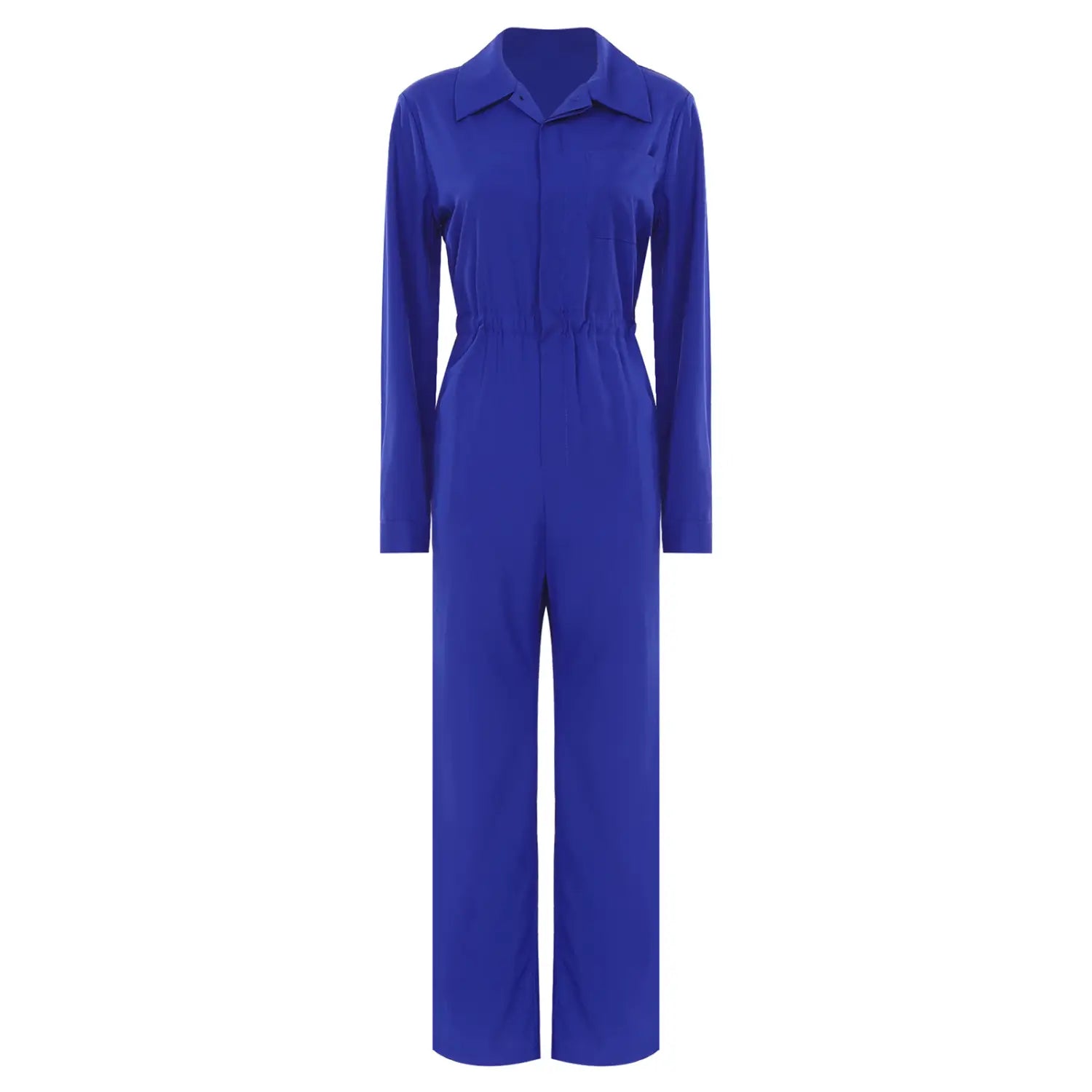A vibrant royal blue long sleeve casual jumpsuit with a collar and cinched waist made from comfortable fabric.