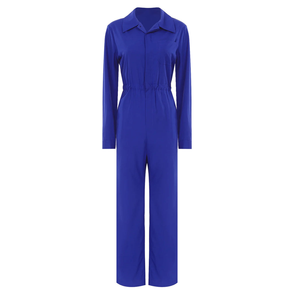 Womens Casual Jumpsuit Coverall Long Sleeve Solid Color Turn-Down Collar Button Flap Romper Fashion Work Travel Holiday Homewear