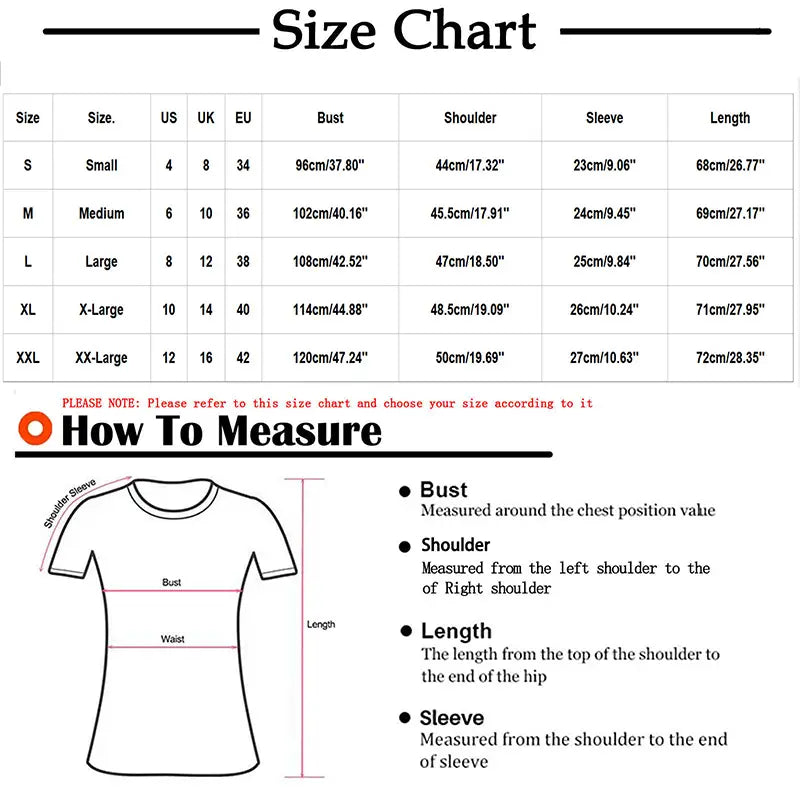 Guide des tailles pour femmes : t-shirts boutonnés à encolure en V et manches courtes, présentant des mesures pour diverses tailles et unités.