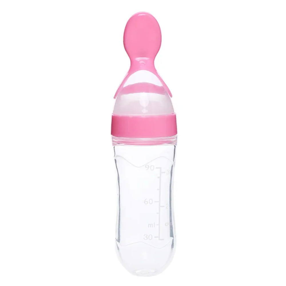 Klare Silikon-Babyflasche zur Fütterung mit pinken Akzenten und passender Löffelaufsatzfunktion; BPA-freies Silikon, 90 ml, für die Säuglingsfütterung