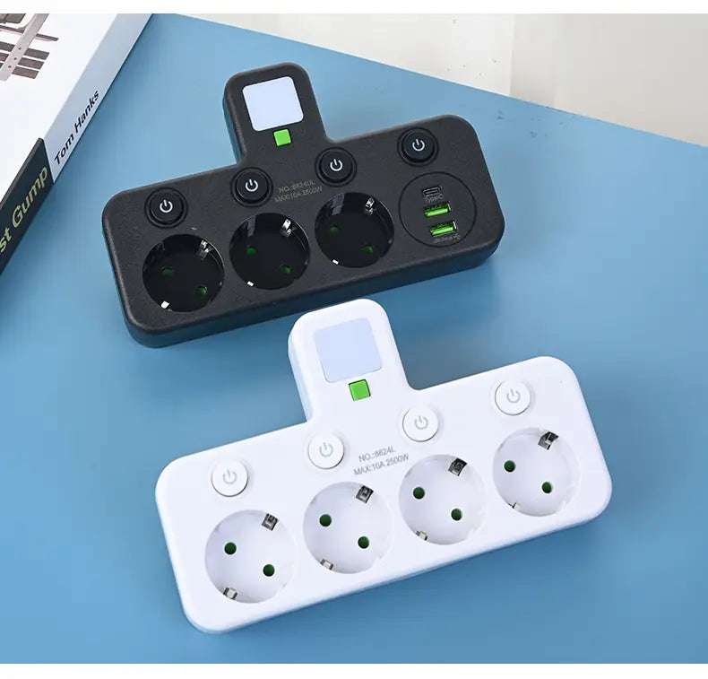 Black and white wall charger socket with usb ports featuring multiple power outlets and indicator lights for efficient charging management.