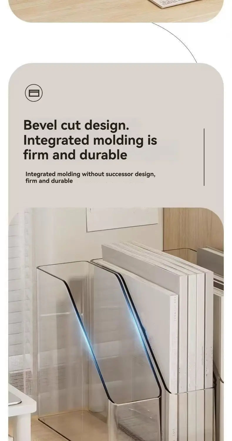 Acrylic desktop book stand and file organizer made of clear plastic with beveled edges and integrated molding.