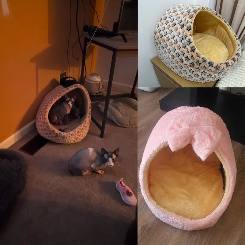 pink fuzzy foldable plush pet cave bed with a bow on top designed for small dogs and cats
