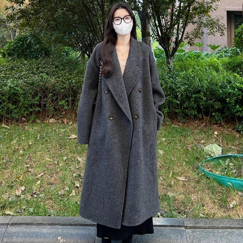 Cozy Wool Blend Women Coat Mid Length Double Breasted Lapel Longline Oversized Classic Timeless Warm Winter Outerwear Top