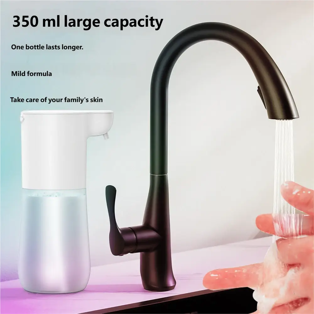 white and transparent 350 ml automatic soap dispenser with sleek modern design and foam bubble generation for hand soap use