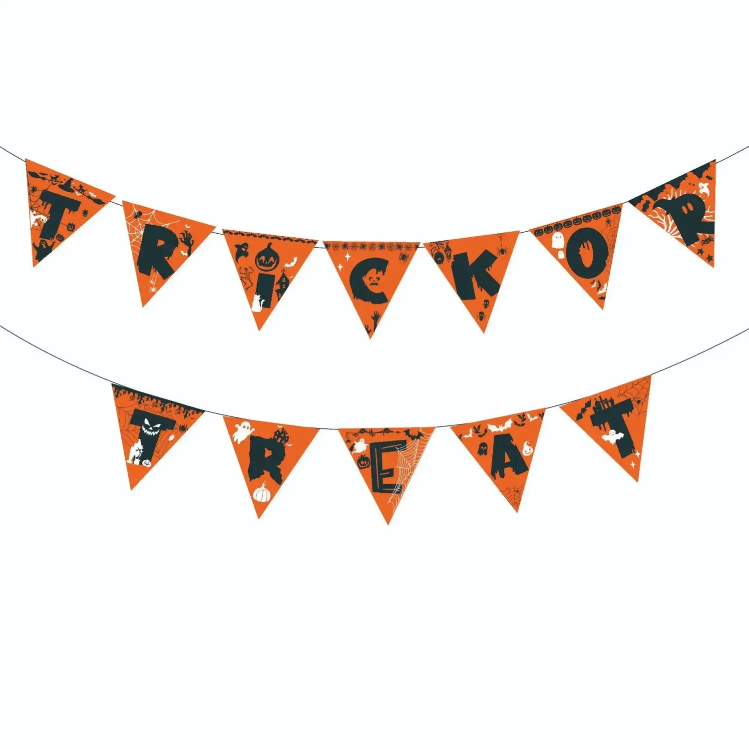 Guirnalda colgante de Halloween naranja con letras negras que deletrean «trick or treat» (truco o trato) e ilustraciones espeluznantes de calabazas, fantasmas y murciélagos en cada banderín triangular para decoración de fiesta.