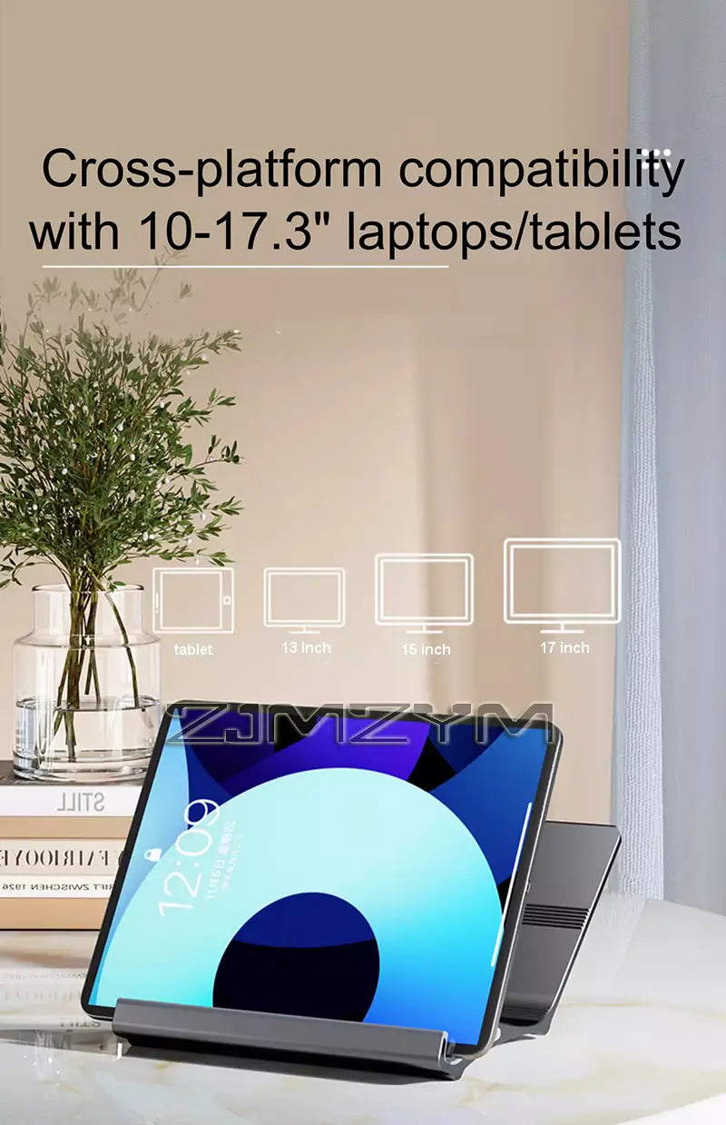 a sleek black aluminum laptop stand with a minimalist design supporting an open 13-inch tablet with a vibrant blue and white screen in an adjustable silver desk holder configuration
