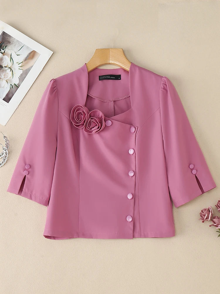 ZANZEA Women Blouses Trend 2025 Elegant Flowers Shirts Summer Half Sleeve Button Blusas Solid Slim Fit Tops Female Tunic Mujer