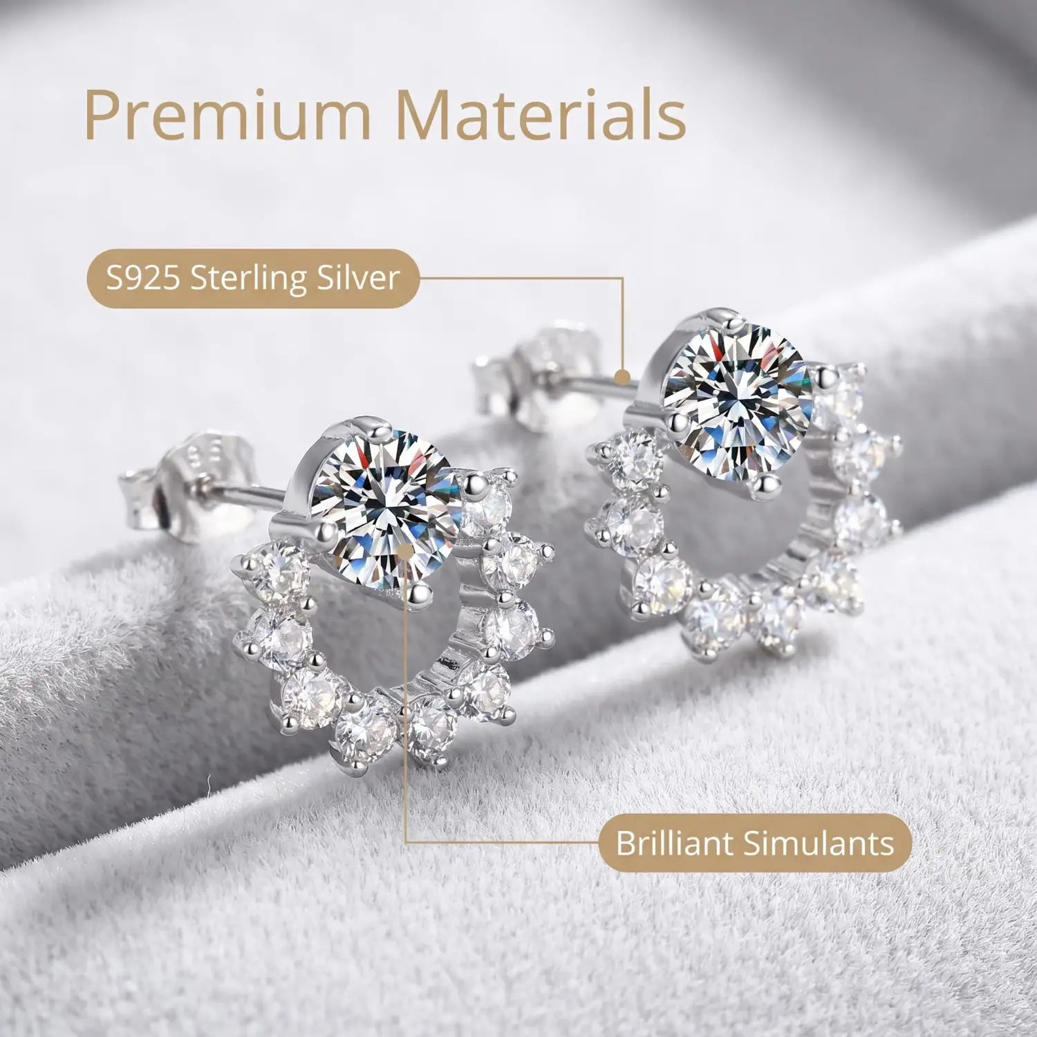 Une paire de boucles d’oreilles clous en argent sterling serties de zircons, présentant un diamant simulant central rond à facettes brillantes entouré d’une couronne de plus petits diamants.