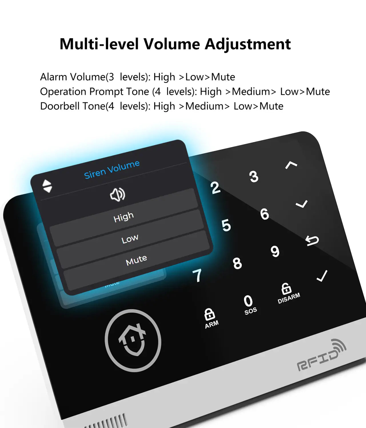 Clavier de sécurité pour maison intelligente noir et argenté avec boutons sensibles au toucher et logo RFID compatible avec Tuya Smart et l’application Smart Life, pour une protection efficace du domicile.