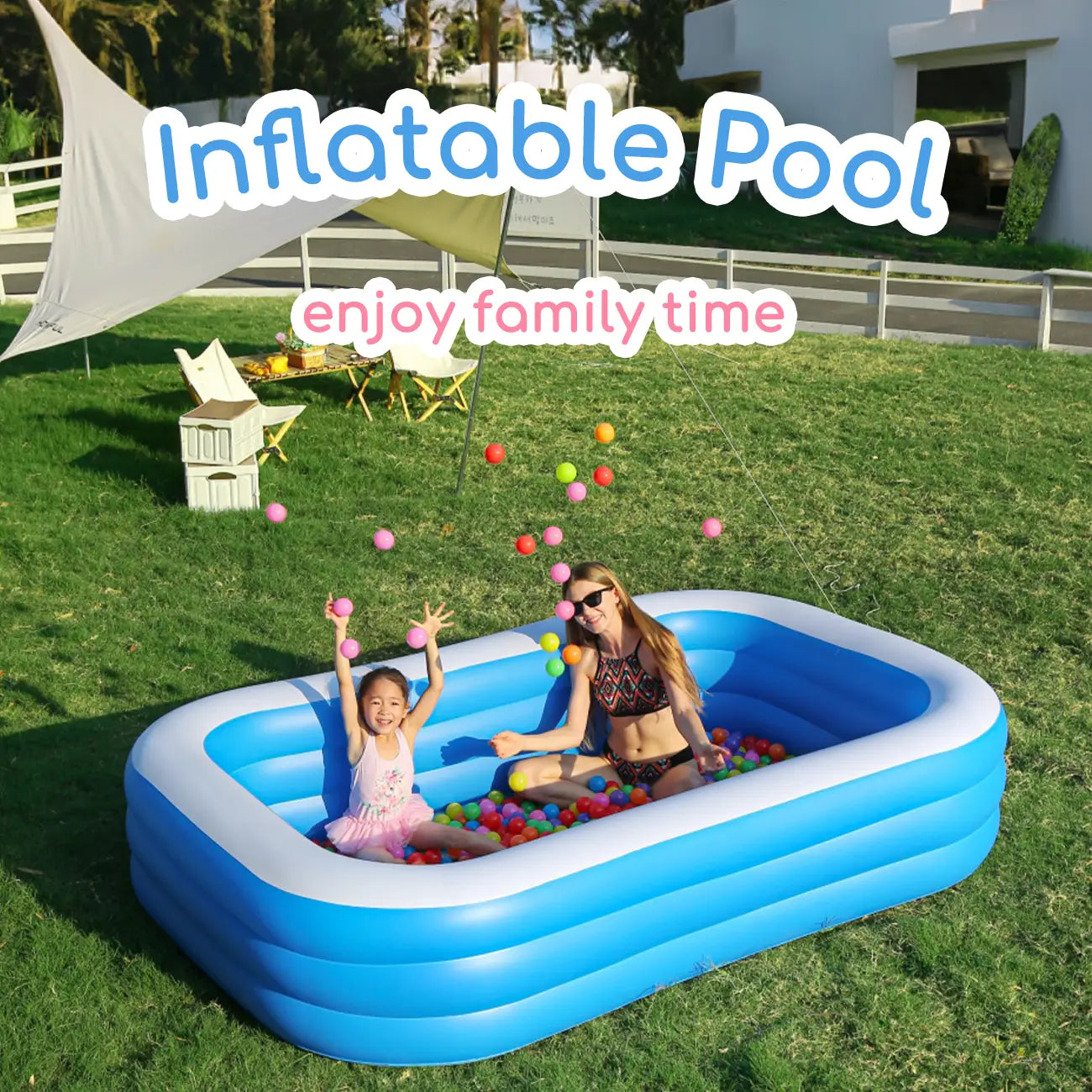 1-Piece Blue Rectangular Inflatable Family Pool, Swimming Pool, Outdoor Recreation, Beach, Party